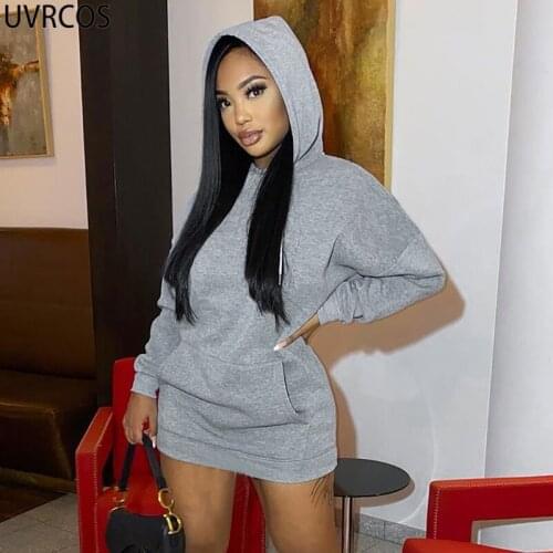 UVRCOS 2021 Fashion Autumn Hooded Shirt Dress Knitting Casual Long Sleeve Tops Kangaroo Pocket Fall Clothes For Women Streetwear
