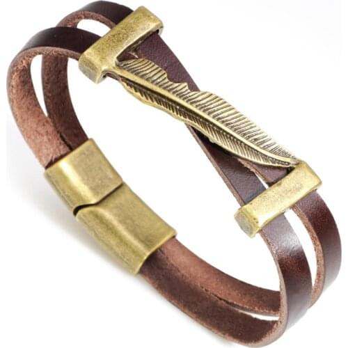 WWLB Vintage Metal Leaf Feather Multilayer Leather Bracelet Men Fashion Braided Handmade Women Bracelets & Bangles Male Gifts