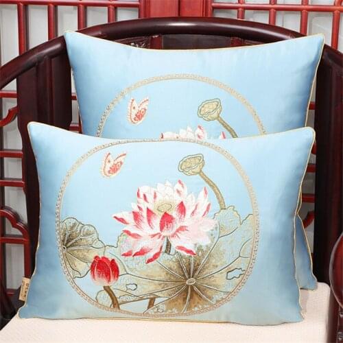 Embroidery Flora Cushion Cover New Chinese Style Lotus Pattern Classical Throw Pillowcase Decorative Pillow Cover Living Room