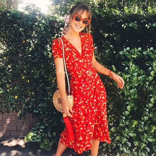 WYWMY Wild Cherry Printed Wrap Summer Dress Women Short Sleeve V-neck Sashes Midi Dress Female Chiffon Party Women Vestidos