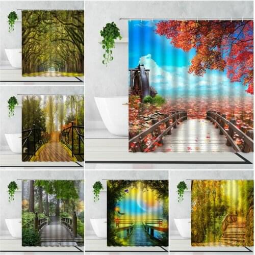 Natural Scenery Shower Curtain Green Forest Corridor Landscape Home Decoration Background Waterproof Bath Curtains Set With Hook