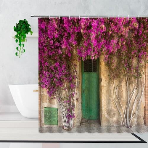 Retro Wooden Door Flowers Street View Shower Curtains Spring Scenery Garden Theme Home Decor Background Waterproof Bath Curtain