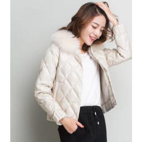 ZCWXM Winter Coat Women Real Collar Down Jacket Warm Ultra Light Short Jacket White Duck Down Parka Elegant Outwear