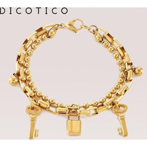 Dubai Charm Bracelets For Women Gold Silver Color Stainless Steel Key and Lock Double Chain Bracelet Jewelry Wholesale Items