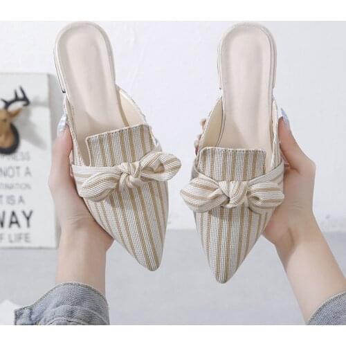 Summer Womens Slippers Ladies Elegant Pointed Toe Bowtie Woman Stripes Low Heels Women Shoes Fashion Female Mules 2020 New