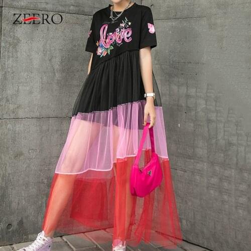 Korean Loose Butterfly Print Irregular Lacel Splicing Color Dresses for Women Summer Black Midi Dress Vestido De Mujer 2021