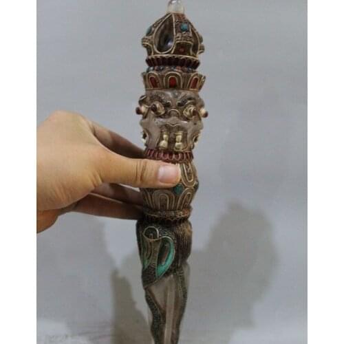 13"Tibet Buddhism Temple Crystal Inlay Silver Gem Mahakala vajry pestle Buddha