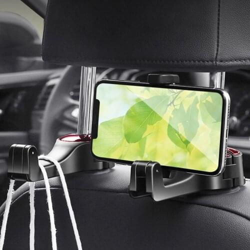 2 in 1 Car Headrest Hook with Phone Holder Seat Back Hanger for Bag Handbag Purse Grocery Cloth Foldble Clips Organizer