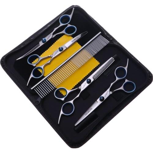 6" Professional Hair Scissors 4Pcs/Set Salon Barber Hairdressing Shears Haircut Tool Kit+Comb For Pet Grooming Silver Style