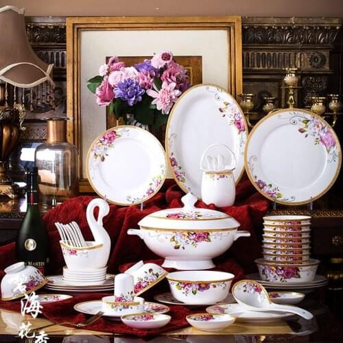 60 Heads Jingdezhen Bone China Dishes Set Pot Dinner Tableware Rice Bowl Soup Bowl Salad Noodles Bowl Plate Dish Bowl Dinnerware