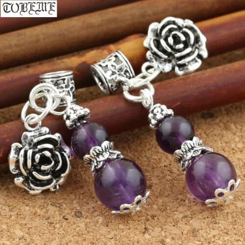 925 Silver Amethyst Charm Bohemia Rose Flower Bracelet Charm Beaded Jewelry Charms DIY Bracelet