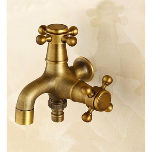 Antique Brass Single Cold Tap Dual Use Washing Machine Faucet G1/2 Wall Mount Double Spouts Decorative Garden Bibcock Faucet