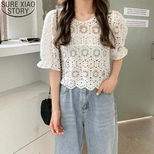 Puff Sleeve Hollow Out Shirt Women Blouse New Vintage Summer Tops Ladies Blusas Mujer De Moda 2021 Vintage Lace Blouse 14346