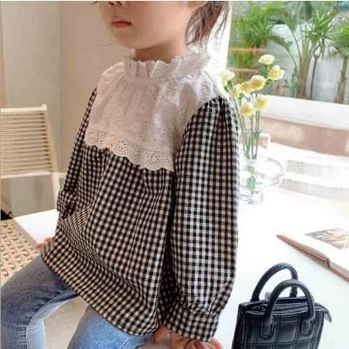 Cultiseed Baby Girls Cute Vintage Ruffled Stand Collar Patchwork Plaid Long Sleeve Shirts Tops Children Kids New Casual Blouses