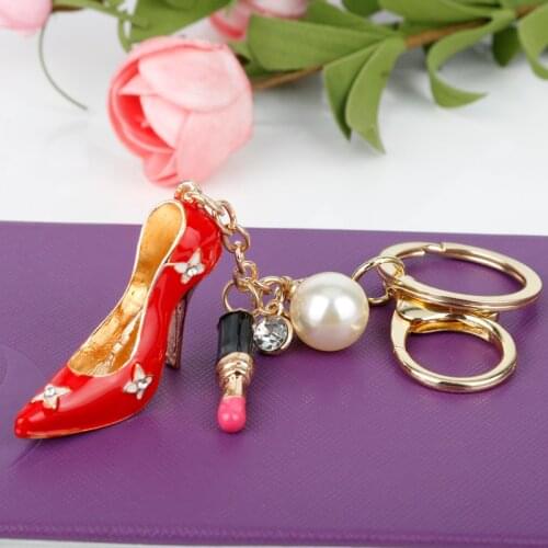 Fashion Design Keychain Crystal High Heel Shoes Lipstick Pearl Charm Key Chain Keyring Handbag Car Key Holder Women Ladies Gift