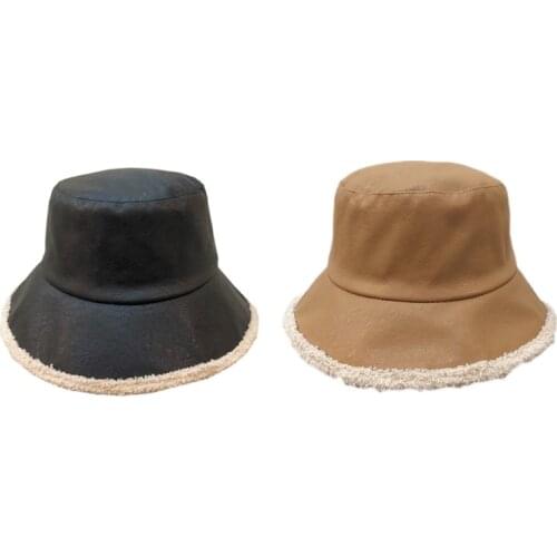 Unisex Autumn Double Sided Reversible Bucket Hat Artificial Leather Faux Fleece Thick Warm Packable Panama Fisherman Cap