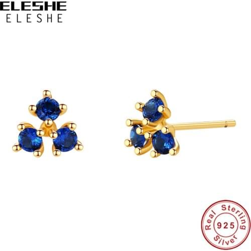 ELESHE Luxury Blue Crystal Flower Earrings 925 Sterling Silver with 18K Gold Plated Stud Earrings for Woman Wedding Jewelry