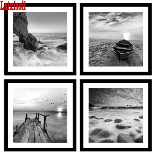 Painting diamond Black White Wall Art Pictures 4 pcs Modern scenery on Beach Seascape embroidery Painting Sea Boat Sunset decor