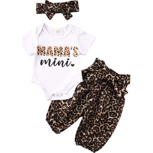 0-18M Newborn Baby Girls Clothes Sets Leopard Print Short Sleeve Romper Tops+Pants+Headband 3pcs
