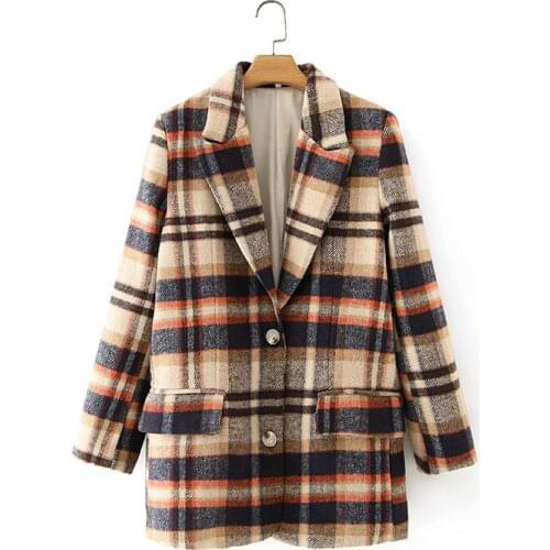 Nice Vintage Woman Camel Plaid Woolen Coat Fad Fashion Ladie Autumn Warm Long Sleeve Jacket Female Chic Single Breasted Outwear