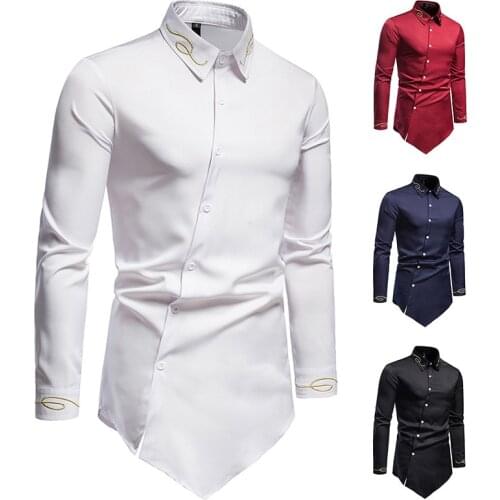 2021 New Hollow European Size Mens Trend Splicing Asymmetric Long-sleeved Shirt Western Denim Shirt Slim Fit Social Dress