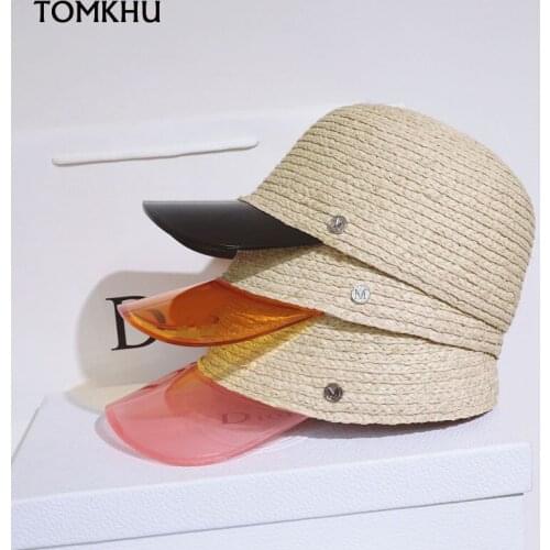 New Handmade Raffia Patchwork Transparent PVC Fashion Equestrian Cap Men Women Leisure Visors Straw Hat High Quality