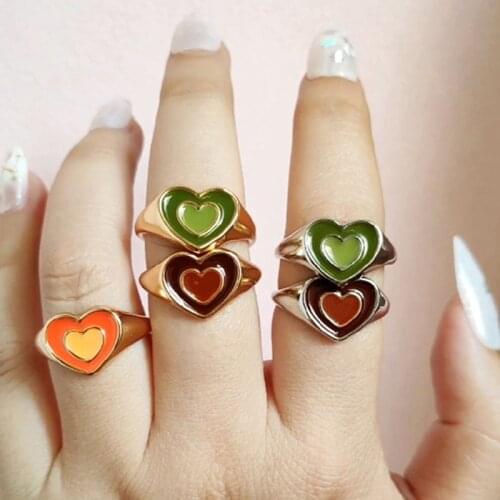 New Ins Creative Simple Colorful Love Heart Rings Double Layer Vintage Heart Couple Rings For Women Fashion Jewelry