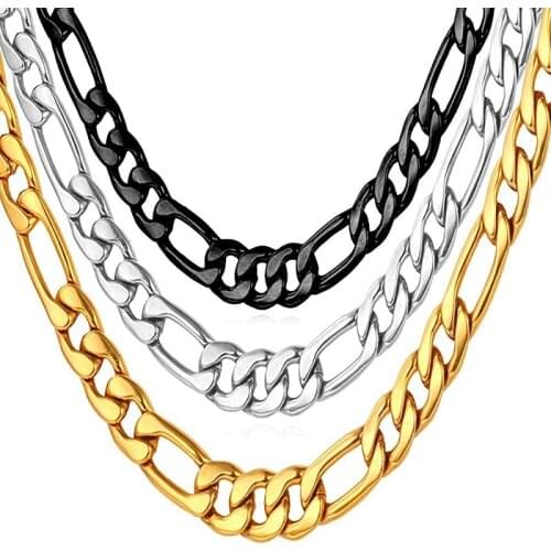 Stainless Steel Figaro Chain Width 4mm 6mm 8mm 12mm Italian Style Flat Link Necklace for Men and Women Gift Box Packed 18K Gold