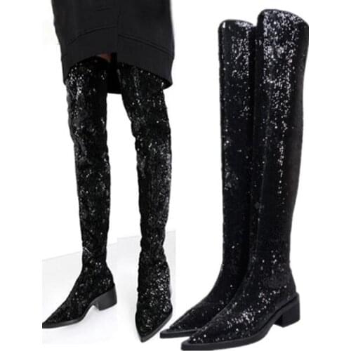 Drop Shipping Woman Black Sequined Cloth Pointed Toe Thigh Boots 55 mm Square Heels Bling Slim Over The Knee Long Knight Boots