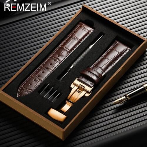 REMZEIM Genuine Leather Watch Band 16 17 18 19 20 21 22 23 24mm Calf Leather Watch Band With Gold Buckle Watch Strap Box