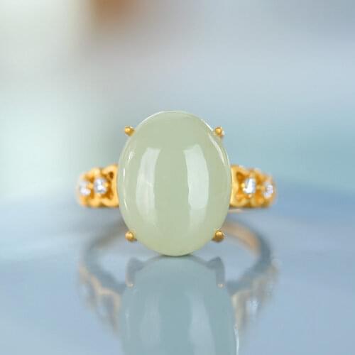 S925 Sterling Silver Inlaid Natural Hetian Jade Egg Surface Claw Inlaid Heart-Shaped Hollow Zircon Embellished Temperament Open