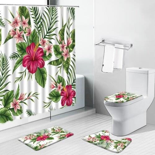Red Flower Green Leaf Shower Curtains Bath Mat Tropical Plant Leaves Non-Slip Rug Toilet Cover Kitchen Carpet Bathroom Decor Set