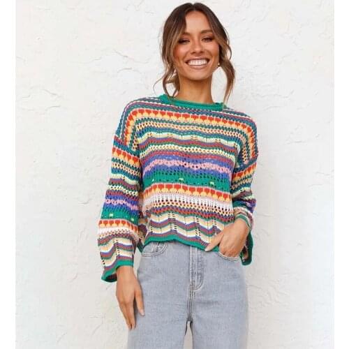 New Knitted Sweater Women Elegant Rainbow Striped Oversized Pullover Swearter Casual Woman Loose Cropped Sweater Streetwear