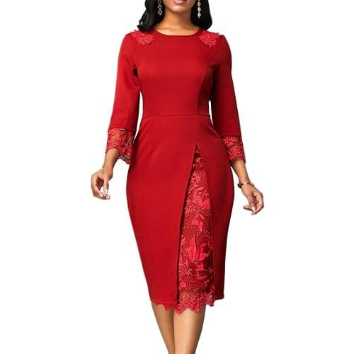 Woman Dress 2021 Spring Casual Plus Size Slim Patchwork Lace Pencil Office Bodycon Dresses Vintage Elegant Sexy Long Party Dress