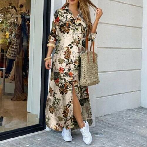 Fashion Women Long Sleeve Flowers Leopard Camo Print Split Hem Maxi Shirt Dress