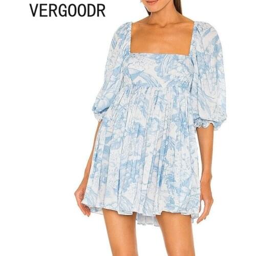 Vergoodr Printed Woman Dress Fall Big Swing Dress Square Collar Pleated Short Dress Ruffled Sexy Backless Dress Vestidos Mujer