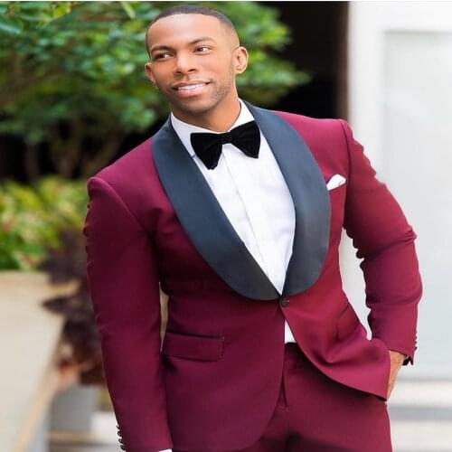 2 Pieces Mens Suit Slim Fit Burgundy Shawl Lapel Costumes Tuxedos For Business Formal Office Wedding Bridegroom Men clothes