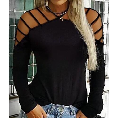 2021 Fashion Autumn Womens T-Shirts Tops Casual Choker Neck Solid Color Tops T-Shirts Loose Cold Shoulder Long Sleeve T-Shirts