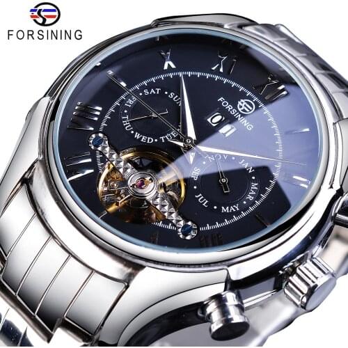 Forsining Business Mens Automatic Mechanical Watch Tourbillon Calendar Week Display Silver Stainless Steel Erkek Kol Saati Clock
