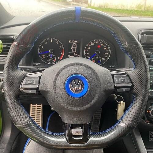 5D Carbon Fiber&Black Leather Blue Stitching Steering Wheel Hand Sewing Wrap Cover Fit For Volkswagen Golf 6 GTI MK6 Scirocco R