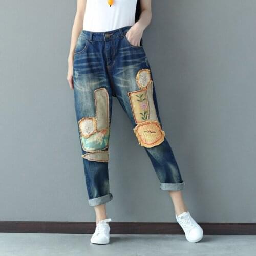 Embroidery personality denim jeans personality patchwork hole trousers fashion women harem pants elastic waist loose plus size