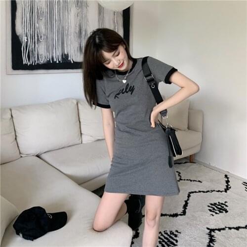 2021 Summer New Fashion Simple Casual Bodycon Slim T-shirt Dress Cotton Short Sleeved Elasticity Contrast Color Dress Tops Tee