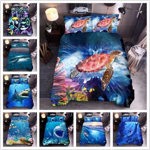 Marine Life Duvet Cover 3D Printing Shark Turtle Undersea World Bedding Set 2 / 3 Piece with 2 Pillowcases Twin Queen King Size