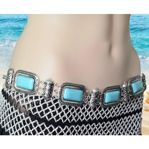 Afghan Metal Belly Waist Chains for Women Geometric Blue Stone Dance Belt Chain Hippie Female Beach Summer Party Body Jewelry