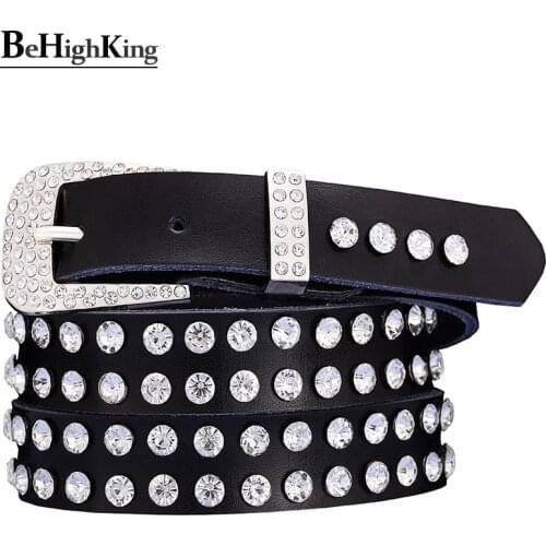 Fashion genuine leather belts for women Quality shining rhinestone belt female Narrow cow skin pin buckle waistband width 2.3 CM