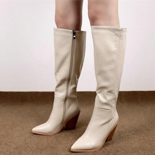 Fashion Loose Ladies Knee High Boots Crocodile Pattern Microfiber Women Shoes Black Beige Winter High Boots Side Zipper Warm