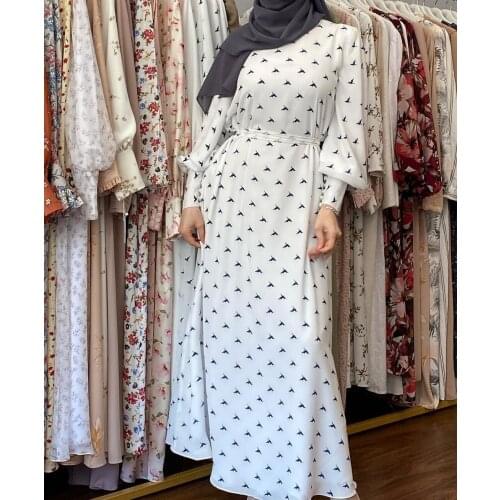 Long Sleeve Print Muslim Dress Women White Kaftan Maxi Long Dress Abaya Dubai Caftan Marocain Evening Dresses Djellaba Femme