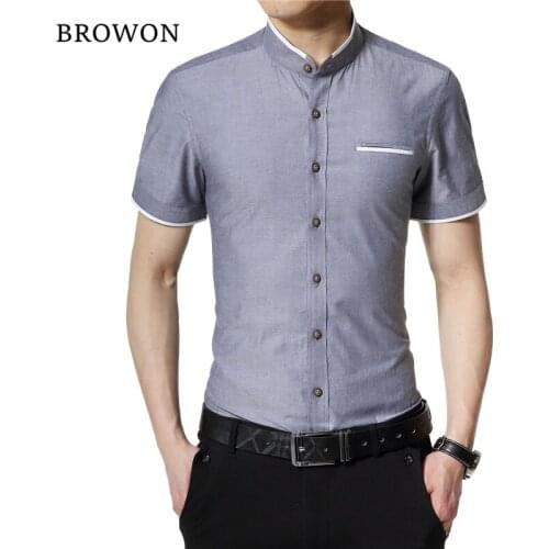 BROWON Brand New Fashion Summer White Shirt Men Short Sleeve Shirt Slim Fit Stand Collar Solid Color Button Shirt for Man