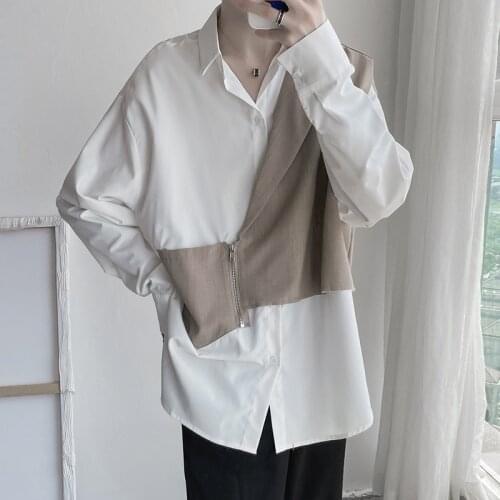 Fake Two-piece Shirt Mens Summer Trend Korean Trendy Brand Ins Design Sense Shirt Wearing Long-sleeved Shirt Mens Clothing