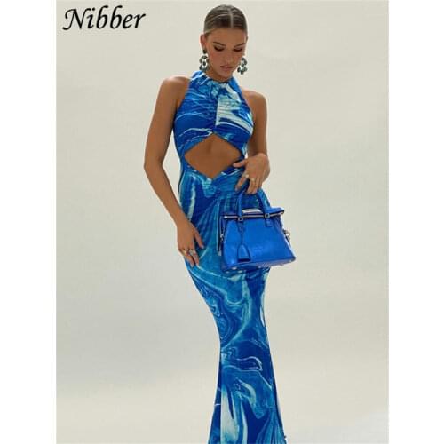 Nibber Y2k Sexy Beach Bodycon Dresses Women Hollow Out Off Shoulder Backless Print Tie Dye Blue Maxi Dresses 2021 Summer